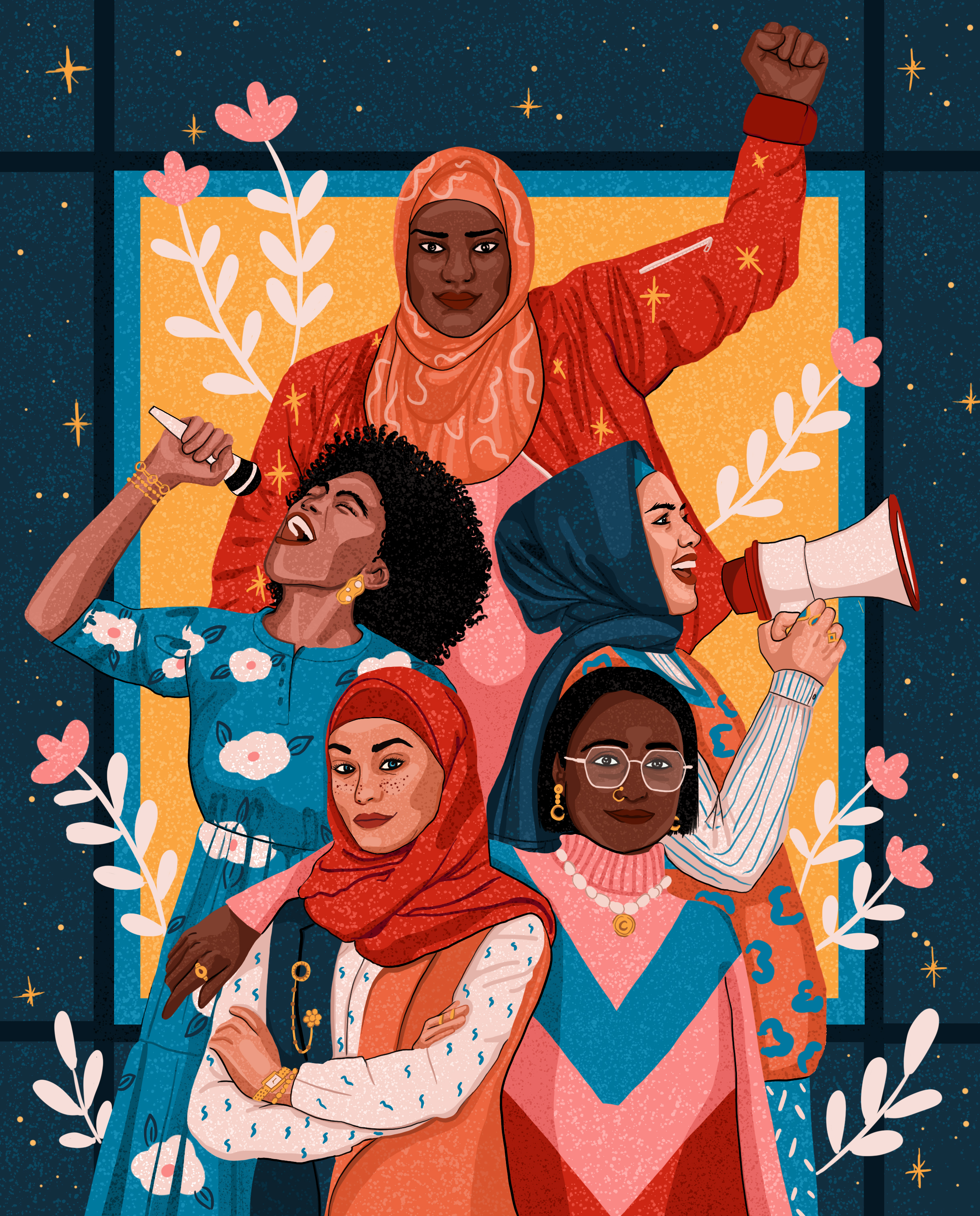 Illustration of a diverse group of five Muslim women:Illustration of a diverse group of five Muslim women: A hijabi activist, wearing an orange scarf and a red jacket with her fist up, looking confidently straight ahead. A singer with afro hair wearing a blue floral dress and passionately singing while holding a mic up. A hijabi activist wearing a blue scarf and speaking into a megaphone. A hijabi woman wearing a red scarf and looking confidently ahead with crossed hands. A woman with short black hair, wearing glasses and nose piercings, with her hands on the shoulders of the woman to her right, smiling while looking ahead. A hijabi activist, wearing an orange scarf and a red jacket with her fist up, looking confidently straight ahead. A singer with afro hair wearing a blue floral dress and passionately singing while holding a mic up. A hijabi activist wearing a blue scarf and speaking into a megaphone. A hijabi woman wearing a red scarf and looking confidently ahead with crossed hands. A woman with short black hair, wearing glasses and nose piercings, with her hands on the shoulders of the woman to her right, smiling while looking ahead.