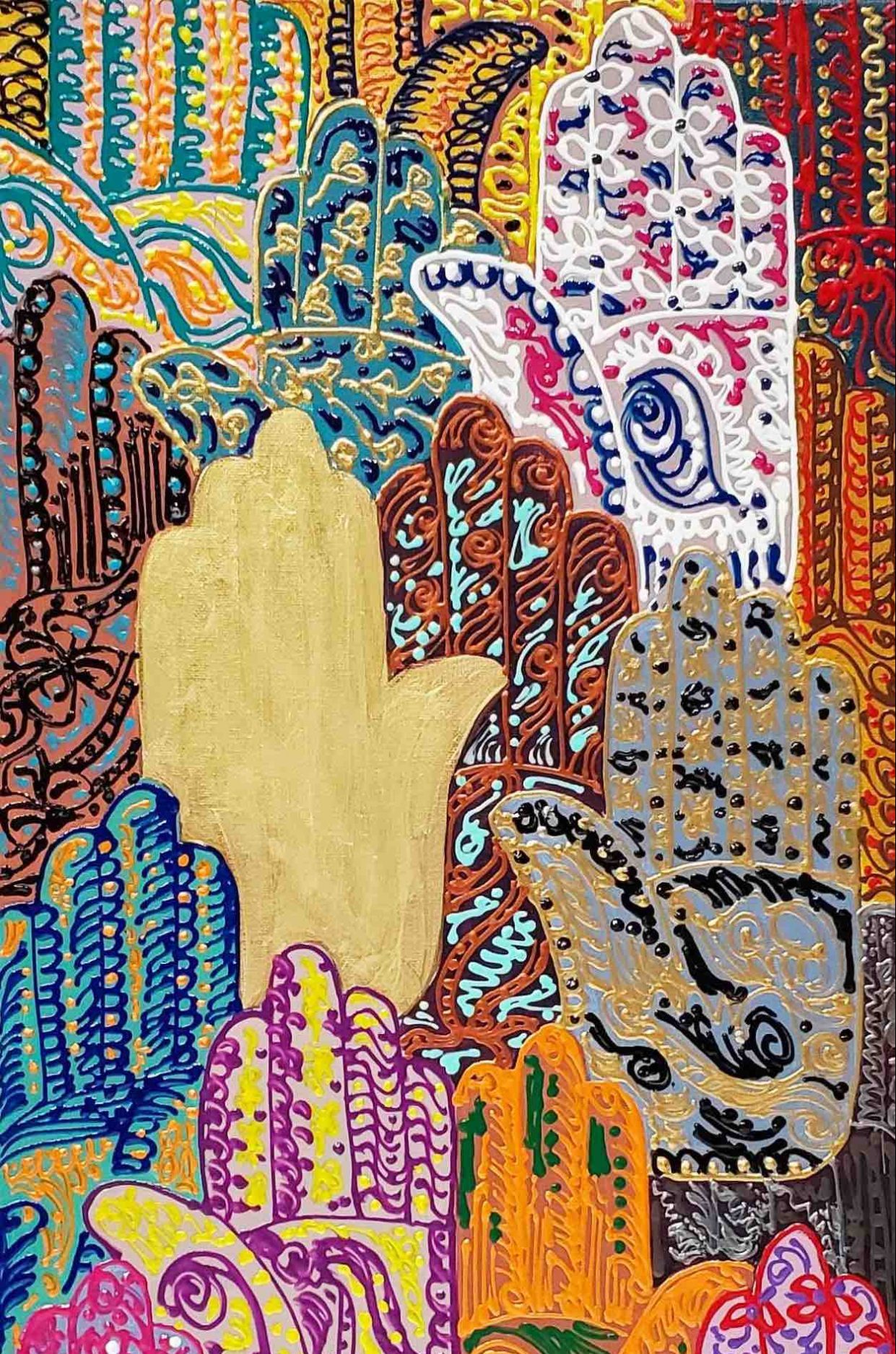 A piece of artwork composed of layers of hands palm up, depicted in many colors and with many patterns