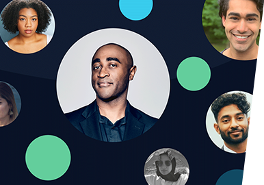 A series of circles on a dark blue background featuring the headshots of Muslim artists in the database